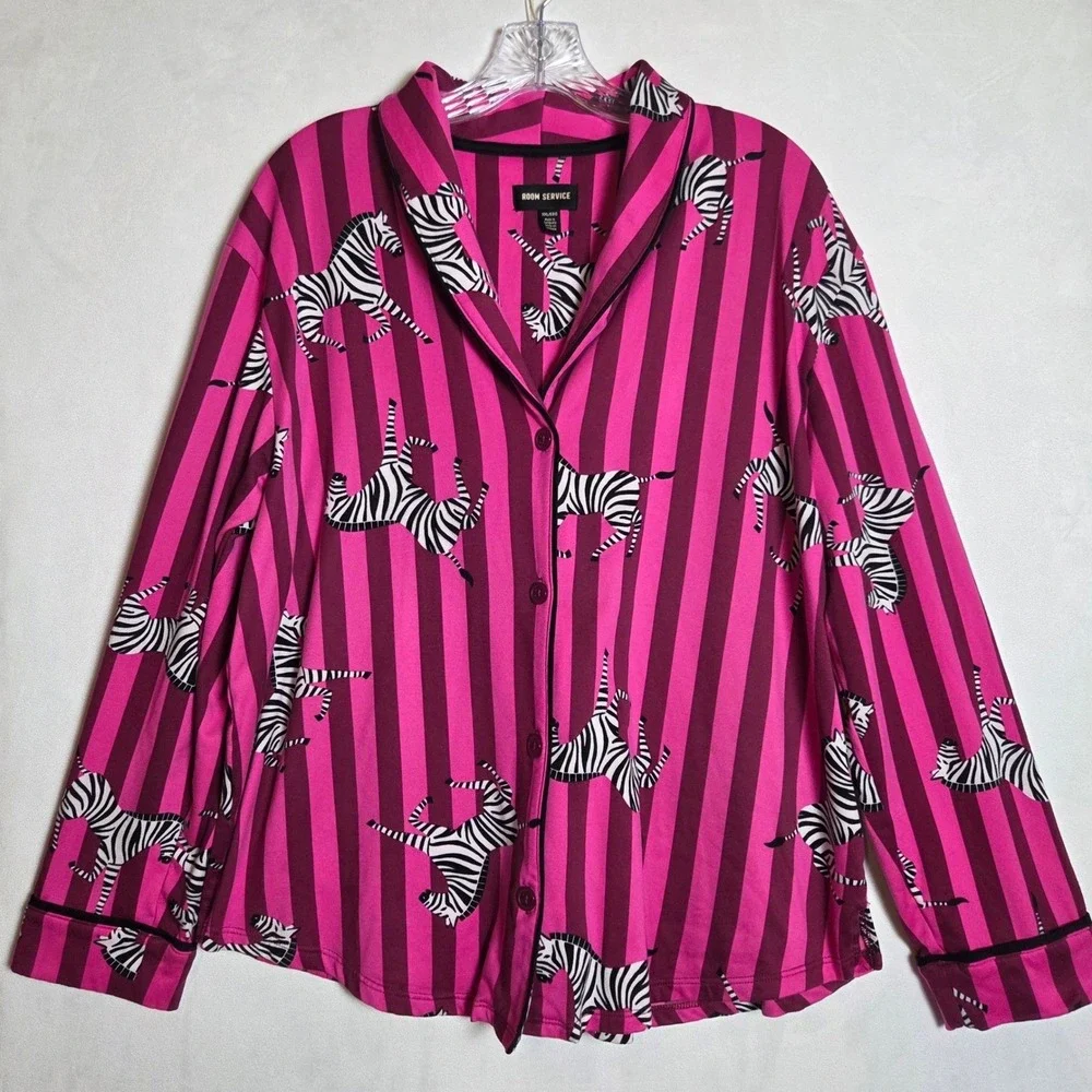 Room Service Womens Pink Zebra Stripe Pajama Set XXL Long Sleeve Button Up Pants